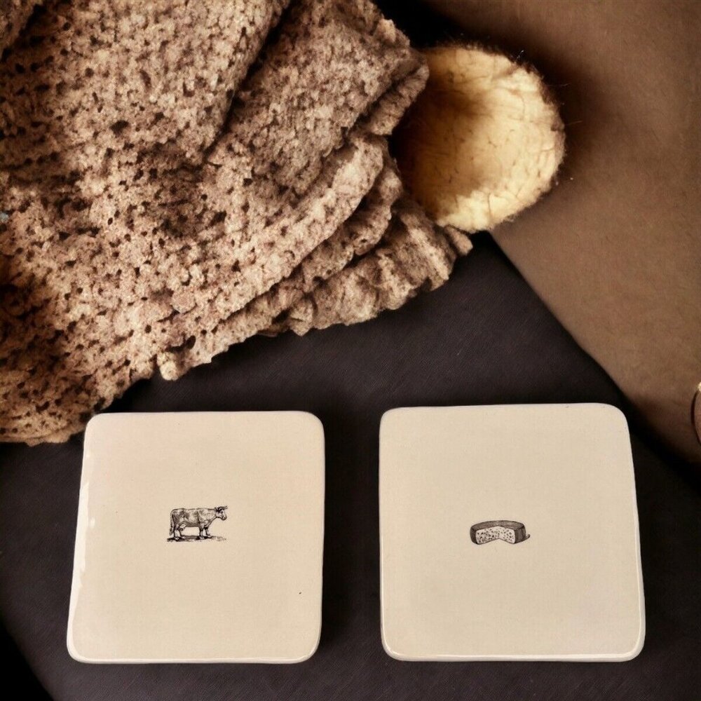 Rae Dunn Cow and Cheese Trivets Plates by Magenta Rare Retired Set of 2 - Picture 8 of 8